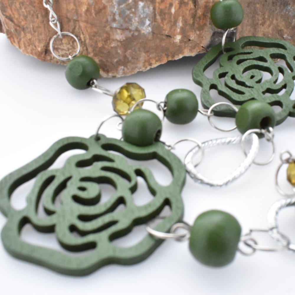 Olive Green Necklace Wood and Plastic